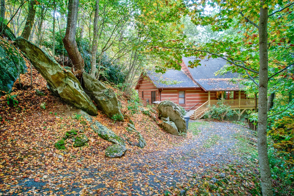 The image showcases a charming log cabin nestled among towering trees and natural boulders, with golden leaves gently carpeting the ground, evoking the warmth of autumn. The inviting cabin façade, framed by native rhododendron and tranquil woodland, hints at cozy evenings by the fire or relaxing soaks in the hot tub, surrounded by nature's beauty.