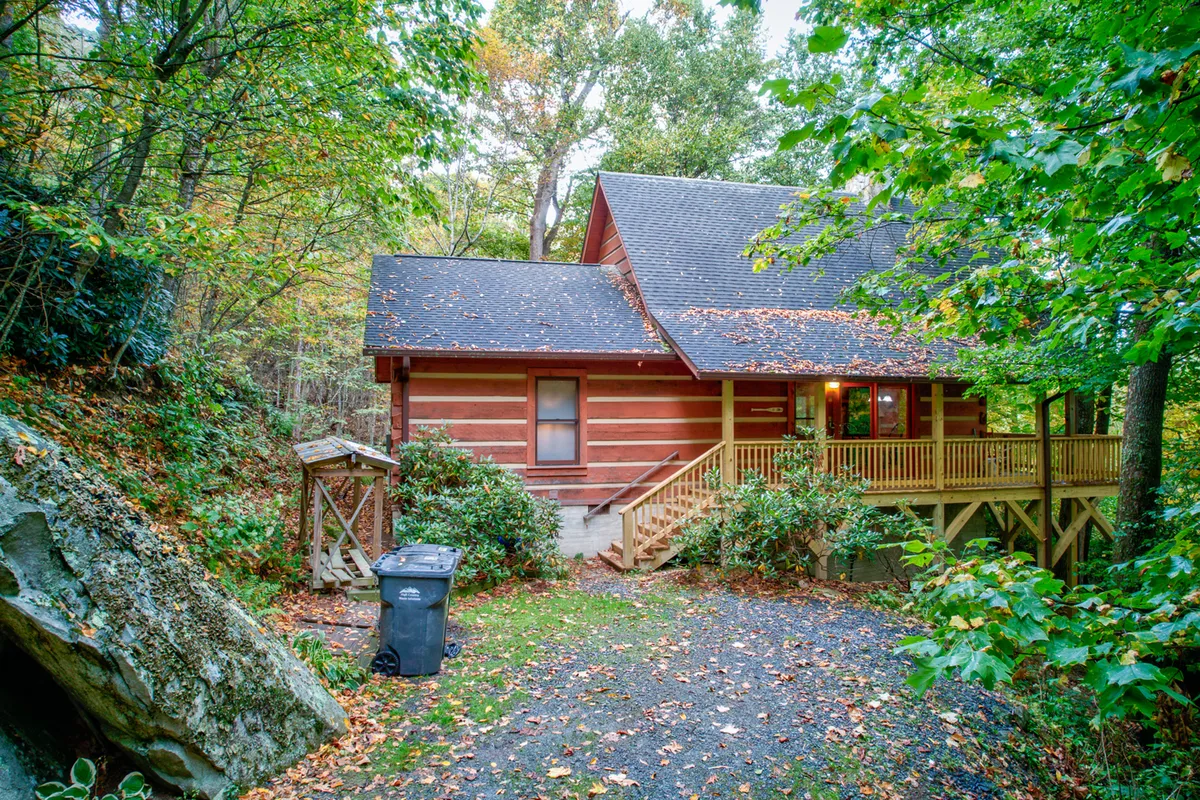 A tranquil view of a log cabin with a wooden deck surrounded by dense foliage and forest. The deck offers a cozy sitting area overlooking the natural environment, showcasing the harmony between the accommodation and its surroundings.